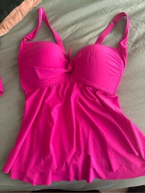 Torrid Bright Hot Pink Tankini Swim Top with Bow Detail + ruched bottoms